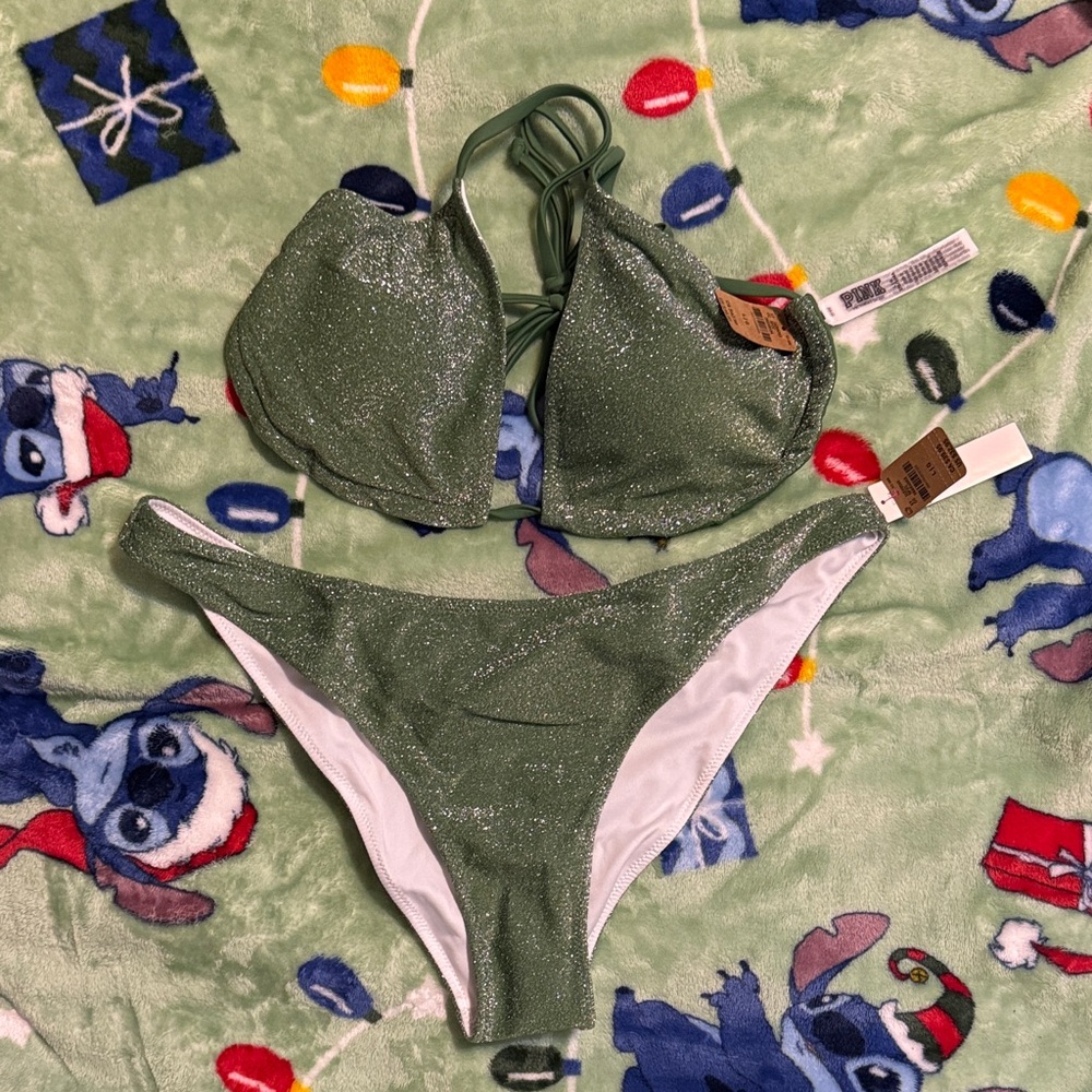 PINK Victoria's Secret Glittery Green Bikini Top and Bottom